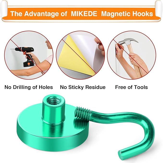 MIKEDE Magnetic Hooks, 40Lbs+ Heavy Duty Magnet Hooks for Cruise Cabins, Super Neodymium Hanging Hooks Strong Magnets with Hook for Fridge, Magnetic Hanger for Grill, Toolbox, Storage(Green, 10 Pack)