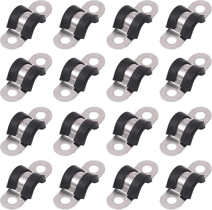 Glarks 16Pcs 8MM 2 Hole U-Tube Strap Clamp Set - 304 Stainless Steel With Rubber Cushion, Rigid Pipe U Bracket Assortment Kit for Fixing (8mm)