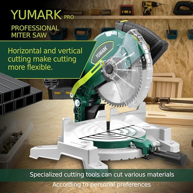 Miter Saw 10-inch Compound Miter Saw 6000RPM Corded Power Wood Circular Saw with Precision Miter Angles, Lightweight Design, 45° Adjustable Table