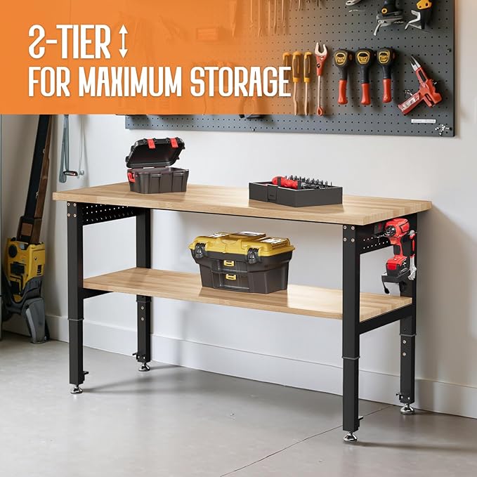 SPECRAFT Adjustable 2-Tier Workbench with 4 AC Outlet and 2 USB Ports Power Outlets, 2000 Lbs Capacity Heavy Duty Workbench, Rubber Wood Top for Garage, Workshop, Office（48x20in）