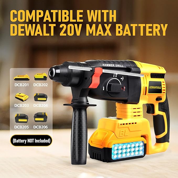 7/8" Rotary Hammer Drill Compatible with Dewalt 20V MAX Battery, Brushless SDS 2.6 Joules Rotary Hammer Drill, 4 Modes with 360°Auxiliary Handle and 5 Drill Bits Kitbox (Tool Only)