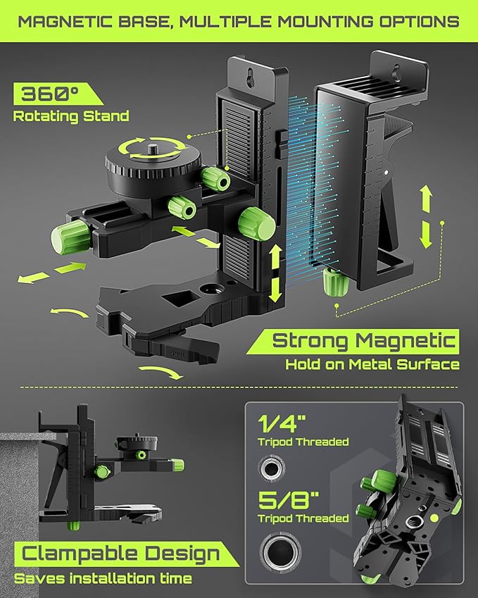 LG-3DMAX 3x360° Green Laser Level, 3D Self-Leveling Cross Line Laser with 2 Rechargeable Lithium Batteries, Fine-Tuning Bracket Adapter, Green Laser Enhancement Glasses, and Hard Carrying Case