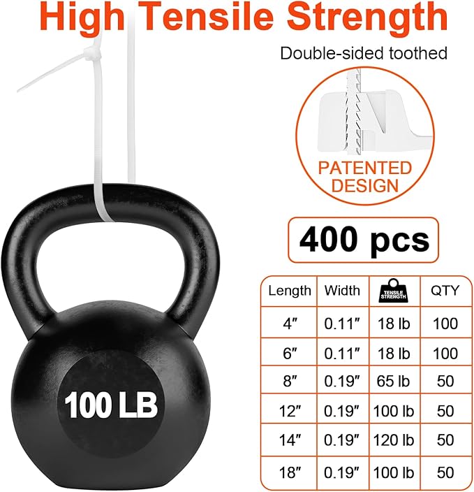 Zip Ties Assorted Size,4+6+8+12+14+18 Inch Double Sided Toothed,100 LBS Tensile Strength Heavy Duty Cable Wire Ties With Self-Locking Adjustable Durable Nylon Tie Wraps for Indoor Outdoor（400 Pack）