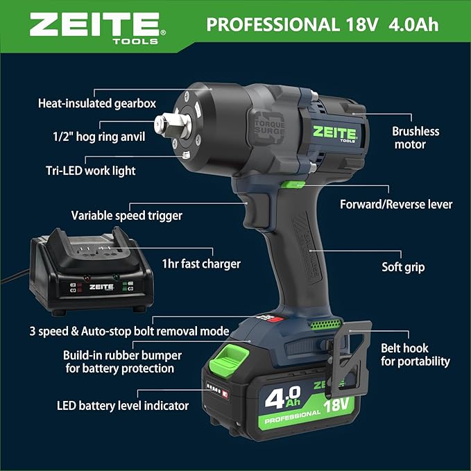 Zeite 18V Cordless Impact Wrench Kit,High Torque 1/2" Brushless Impact Gun,Max Torque 885 Ft-lbs(1200Nm),4 Torque Mode,Variable Speed,4 x Sockets,1 x 4.0Ah Battery,Carry Case,Ideal for Car Truck Home