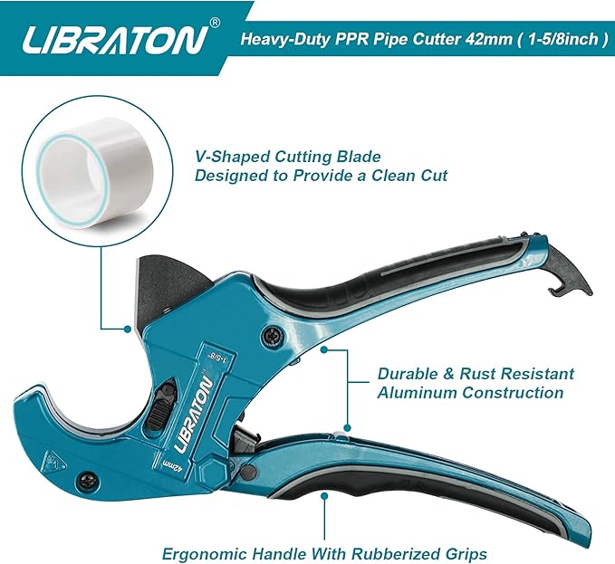 Libraton PVC Cutter 1-5/8", PVC Pipe Cutter, Ratcheting PVC Cutter with Replacement Blade, Plastic Pipe Cutter, ABS Cutter for PVC, PEX PPR Plastic Pipes, Hoses and Plumbing Pipes