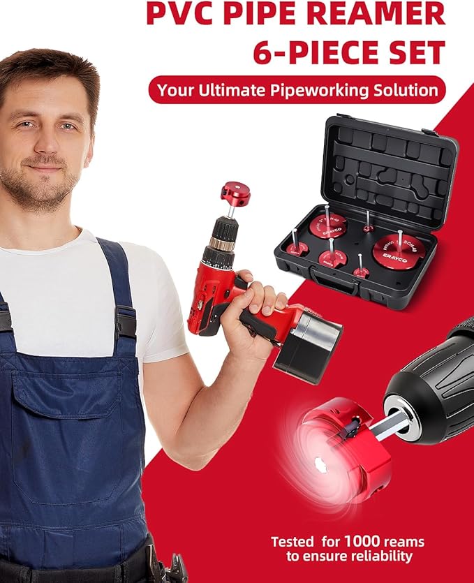 ERAYCO 6PCS PVC Pipe Reamer Kit, Plastic Pipe Fitting Reamer Tool, Fit into Standard 1/2" Drills, PVC Fitting Saver for SCH40 PVC CPVC ABS Pipe (3/4'', 1'', 1-1/2'', 2'', 3'', 4'')