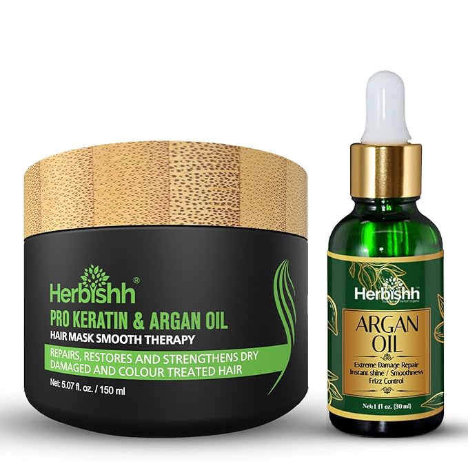 Herbishh Argan Oil & Hair Mask Combo For Deep Conditioning Treatment – Argan Oil for Hair Repair & Frizz Control (30ml) & Argan Hair Mask for Hydration (150ml), Sulfate & Paraben Free-VeraVaultWomen