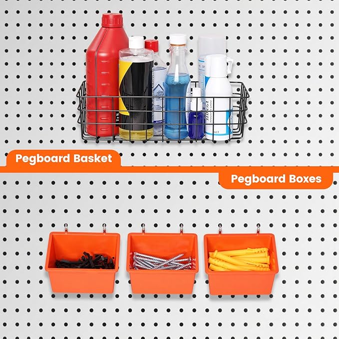 Pegboard Organizer Accessories Kit 155 PCS, Peg Board Hooks Assortment with Bins, Baskets for 1/4 inch Pegboard Wall Organizer, Garage Organization, Workbench, Craft Room, Hanging Tools
