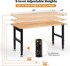 Adjustable Height Workbench, 48" Rubber Wood Top Heavy Duty Workstation with Power Outlets, 2000 LBS Load Capacity Hardwood Worktable for Workshop, Garage, Office, Home, Commercial