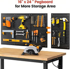 Work Table for Garage 60 x 22 Inch Adjustable Height Workbench Heavy Duty Rubberwood Tabletop Work Bench with Power Outlets Pegboard Pad for Woodworking Shop, Home, Office