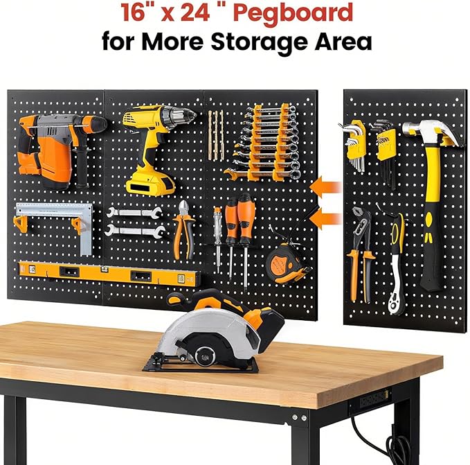 Work Table for Garage 60 x 22 Inch Adjustable Height Workbench Heavy Duty Rubberwood Tabletop Work Bench with Power Outlets Pegboard Pad for Woodworking Shop, Home, Office