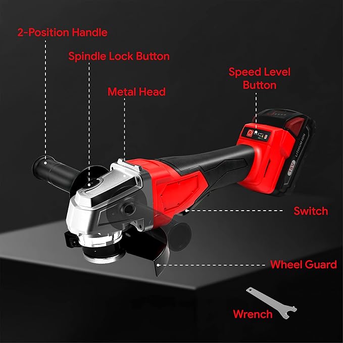 Cordless Angle Grinder Compatible, 4-1/2-Inch,1000RPM Brushless Motor with Cutting/Polishing Wheel Disc,Pin Wrench Kitbox For Metal Wood Polishing,Thin Steel (Red)