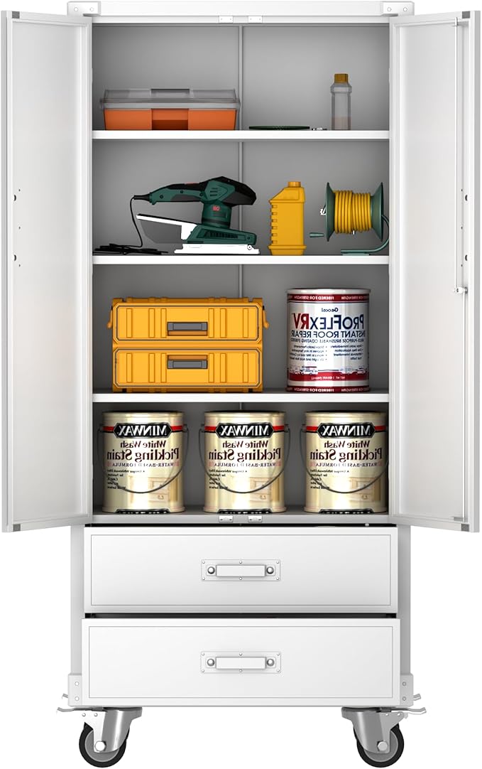 Aobabo Metal Storage Cabinet with 2 Large Drawer, Lockable Steel Storage Cabinet with 3 Adjustable Shelves, for Home, Office, Garage, Classroom, White, Assembly Required