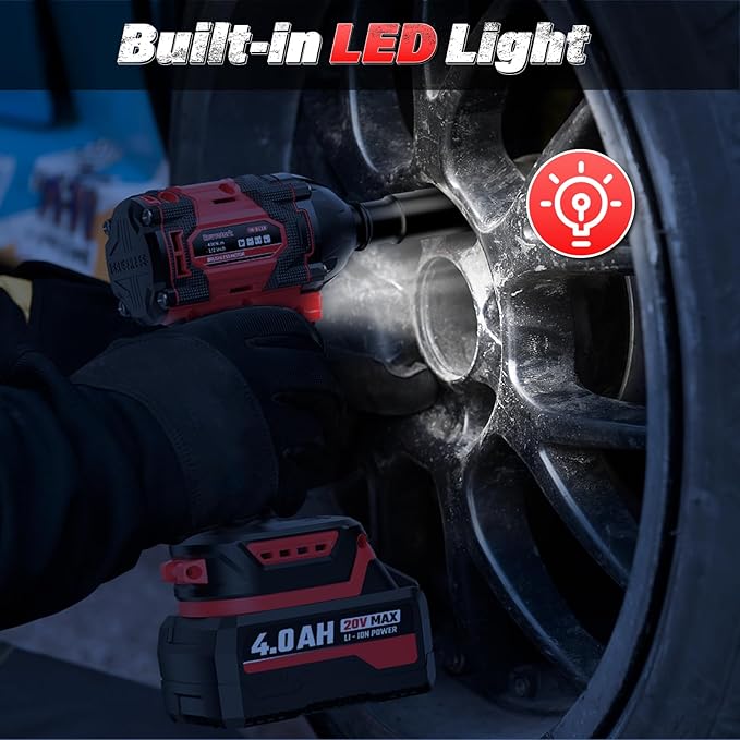 Impact Wrench, Max Torque 400 N.m Cordless 1/2 Impact Driver, 20V 3000RPM Brushless Motor, 4.0Ah Li-ion Battery and Fast Charger, 4 Pcs Sockets Included