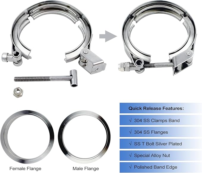 1.5 inch V Band Clamp - 2 sets of Quick Release Vband Exhaust Clamp with Flange Stainless Steel for Automotive exhaust system, turbocharger, downpipe and mufflers (1.5" - 2 Pack)