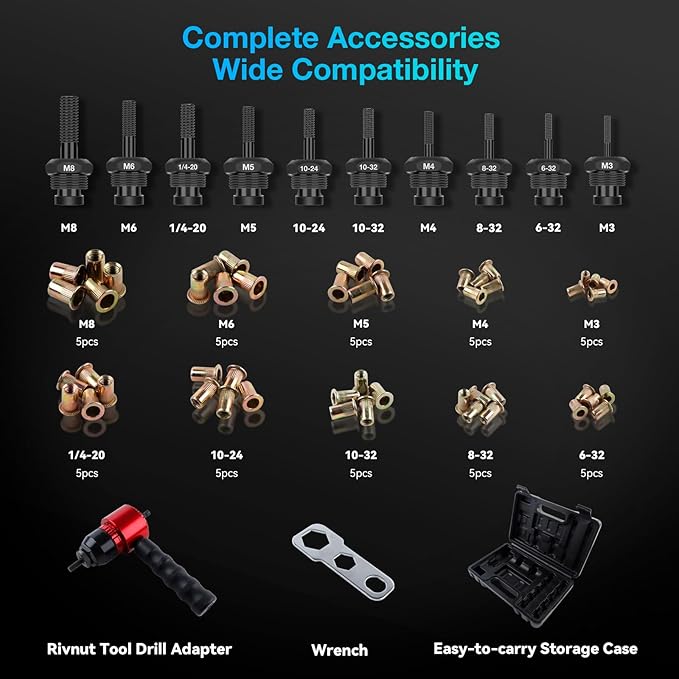 YUZES Rivet Nut Tool Rivet Nut Kit, Rivet Nut Gun Adapter Compatible with Cordless Drill & Ratchet Wrench, Newly Labor-Saving Rivnut Tool with 10 Mandrels & 50 Rivet Nuts, Rugged Carrying Case