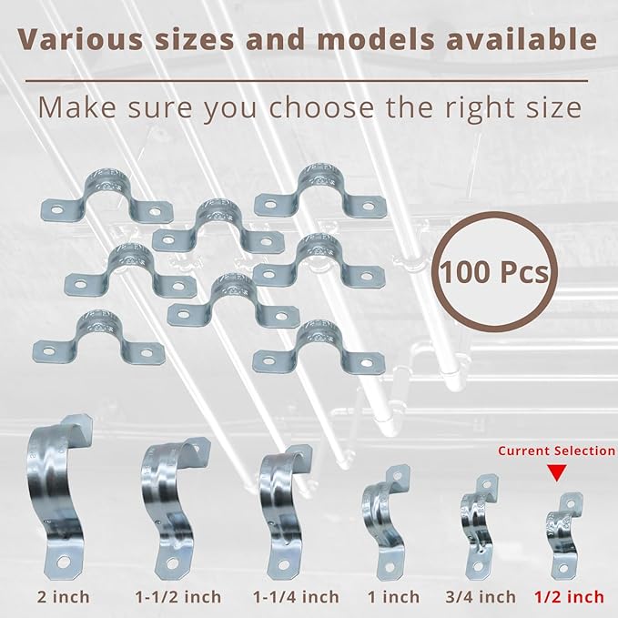 1/2 Inch Zinc-Plated Steel Pipe Clamp, Steel Rigid Pipe, 2 Holes U Bracket, Pipe Clamp, Electrical Conduit Straps (100PCS)