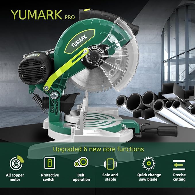 Miter Saw 10-inch Compound Miter Saw 6000RPM Corded Power Wood Circular Saw with Precision Miter Angles, Lightweight Design, 45° Adjustable Table