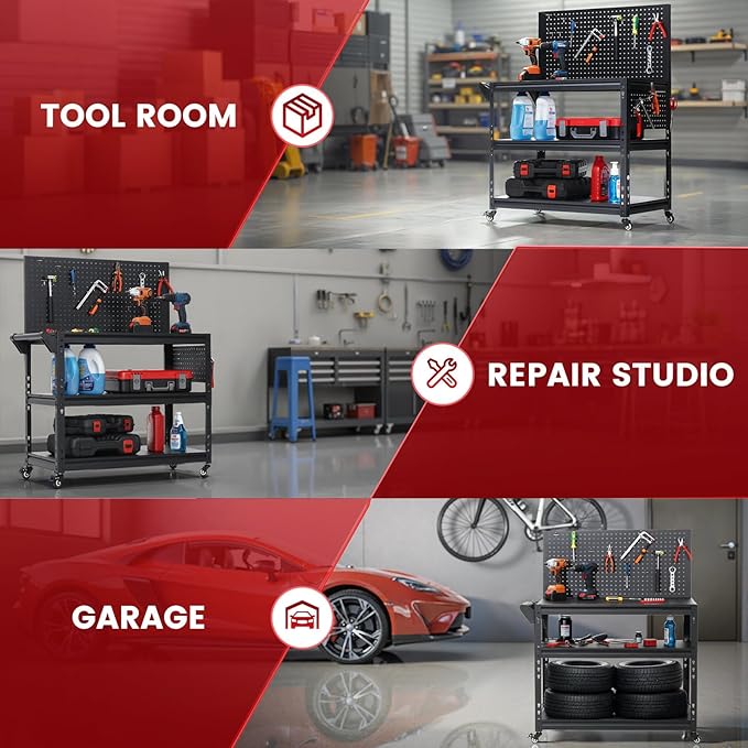 Workbench with Dual Pegboards 3-Tier Adjustable Rolling Work Table Heavy Duty Metal Tool Bench with Push Handle & Wheels Mobile Workstation for Garage, Workshop, Warehouse