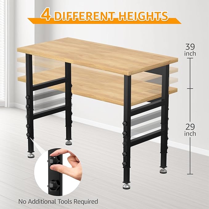 48" Adjustable Workbench,Heavy-Duty Work Table,3000 LBS Load Capacity Hardwood Workstation Outlets with Power Strips and Fixed feet,for Workshop, Garage