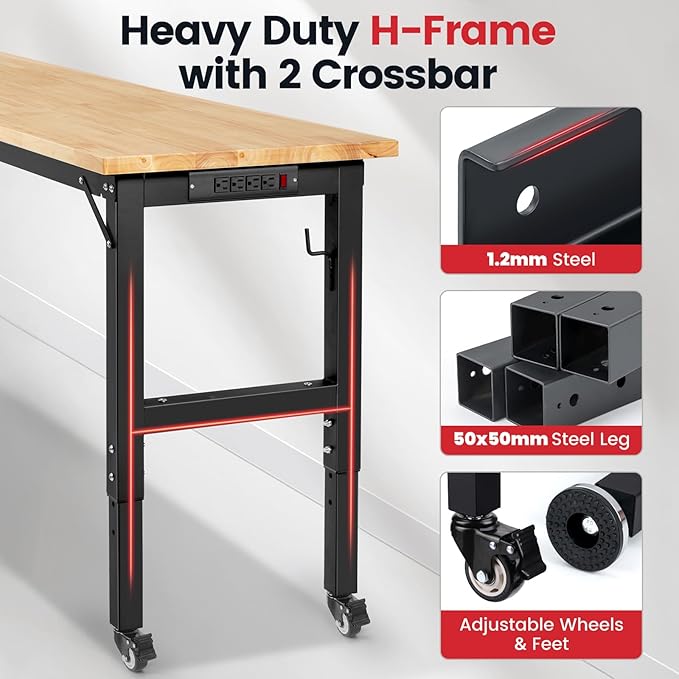 Workbench with Wheels 60 Inch Rubberwood Tabletop Garage Workbench Adjustable Height Work Bench with Pegboard, Power Outlets for Woodworking, Home, Office, Workshop