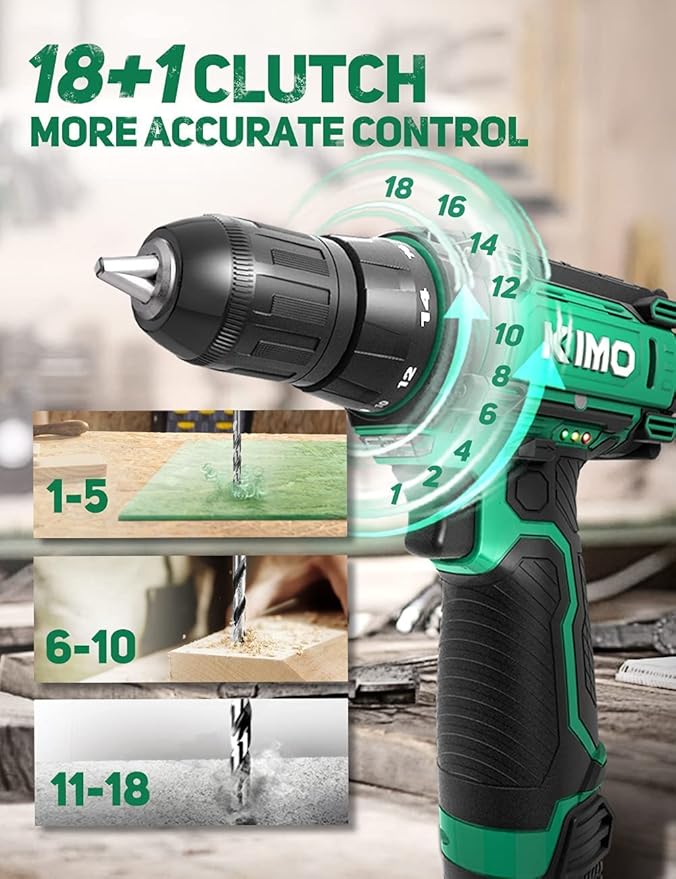 KIMO Cordless Drill/Driver Kit, 48pcs Power Drills Set w/Li-Ion Battery and Charger - 12V MAX Drills 280 In-lb Torque, 18+1 Metal Clutch, 3/8" Keyless Chuck, Built-in LED-Drill for Wood Bricks