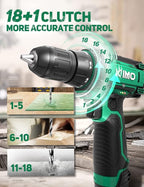 KIMO Cordless Drill/Driver Kit, 48pcs Power Drills Set w/Li-Ion Battery and Charger - 12V MAX Drills 280 In-lb Torque, 18+1 Metal Clutch, 3/8" Keyless Chuck, Built-in LED-Drill for Wood Bricks