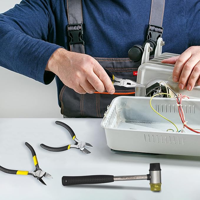 BOOSDEN 4-Piece Pliers Set Including 25mm Rubber Hammer, 5" Wire Cutters, 5" Needle Nose Pliers, 5" Diagonal Cutters For Basic Repair, DIY Projects and Home Maintenance