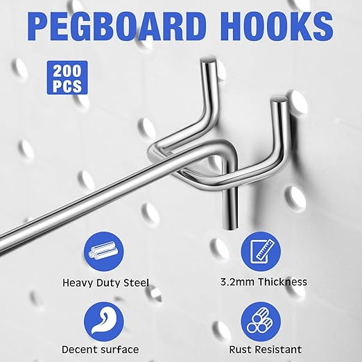 Tatuo 200 Pcs Pegboard Hooks Galvanized Metal Pegs with Rubber Tip Fit 1/4" 1/8" for Garage Store Wall Tool Organization Display(2 Inch)