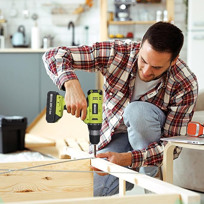 Cordless Drill Set, 20V Electric Power Drill with Battery And Charger, Torque 30N, 21+1 Torque Setting, 3/8-Inch Keyless Chuck, Drill Driver Bits Kit, with LED Electric Drill Set. （green)