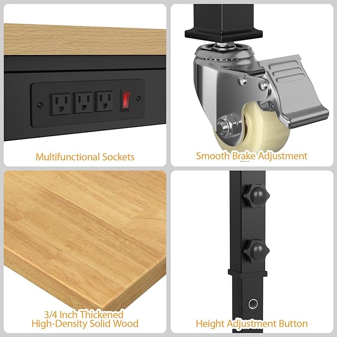 60" Adjustable Workbench,Heavy-Duty Work Table,3000 LBS Load Capacity Hardwood Workstation Outlets with Power Strips and Wheels,for Workshop, Garage