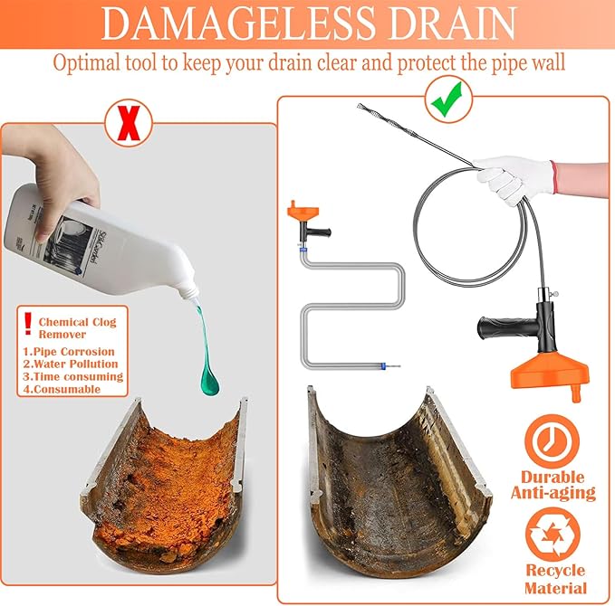 33 Feet Drain Snake Auger, Plumbing Snake Drain Hair Clog Removal Tool, Sink Unclogger Drain, Heavy Duty Toilet Snake Auger, Cleaner Tool for Bathroom Kitchen Tub Shower Drain Clog Remover with Gloves