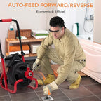 PIONEERWORKS 100Ft x 3/8In Drain Cleaner Machine, Auto-feed Professional 6.8A Electric Drain Auger, Air-Activated Foot Switch, w/ 6 Cutters, Gloves, Drain Auger Cleaner Sewer Snake