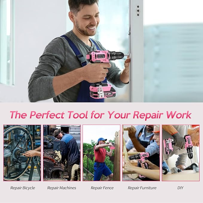 20V Cordless Drill, Electric Power Drill Set with Battery Charger, 3/8” Keyless Chuck, 2 Variable Speed, 18+3 Torque, 72pcs Driver Bits and Belt Hook, Pink