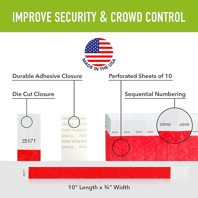 1,000 WristCo Neon Red Tyvek Wristbands for Events - Tamper-Proof Design & Fluorescent Color Prevent Reuse Premium-Grade Bracelets for Hospital & Medical ID, Party & VIP Identification