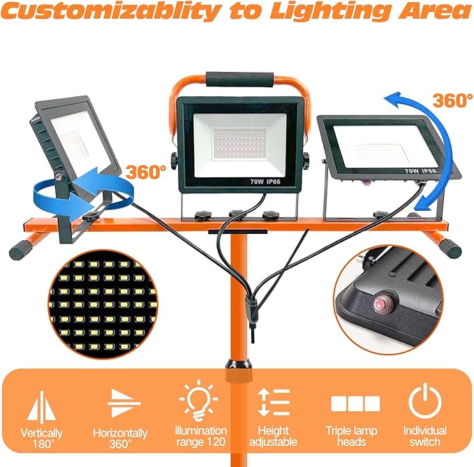 21000 Lumen Work Lights with Stand, 3 Adjustable Head LED Work Light, Foldable Tripod Stand, Waterproof Lamp with 6500 Kelvin Color Temperature (3 Adjustable Head)