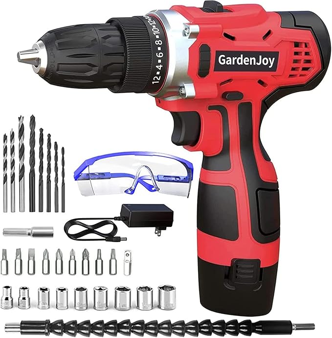 GardenJoy Cordless Power Drill Set: 12V Electric Drill with Battery and Charger,