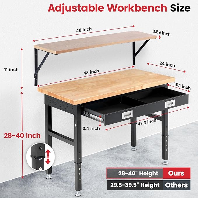 Workbench with Shelf Bracket 48 x 24 Inch Heavy Duty Rubberwood Tabletop Work Table Adjustable Height Work Bench with Drawer, Power Outlets for Garage Woodworking Shop, Home, Office