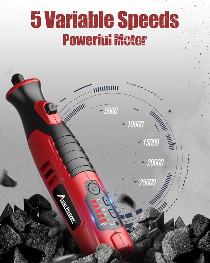 AVID POWER Cordless Rotary Tool 2.0 Ah 8V Rechargeable Rotary Tool, 4 Front LED Lights, 5 Speeds, 60 Pcs Rotary Accessories with Bag for Carving, Engraving, Sanding, Polishing and Cutting - Red