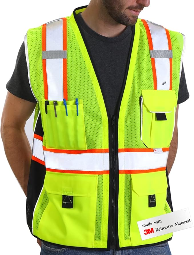 Dib Safety Vest Reflective Yellow Mesh, High Visibility Vest with Pockets and Zipper, ANSI Class 2 Heavy Duty, Made with 3M Reflective Tape S
