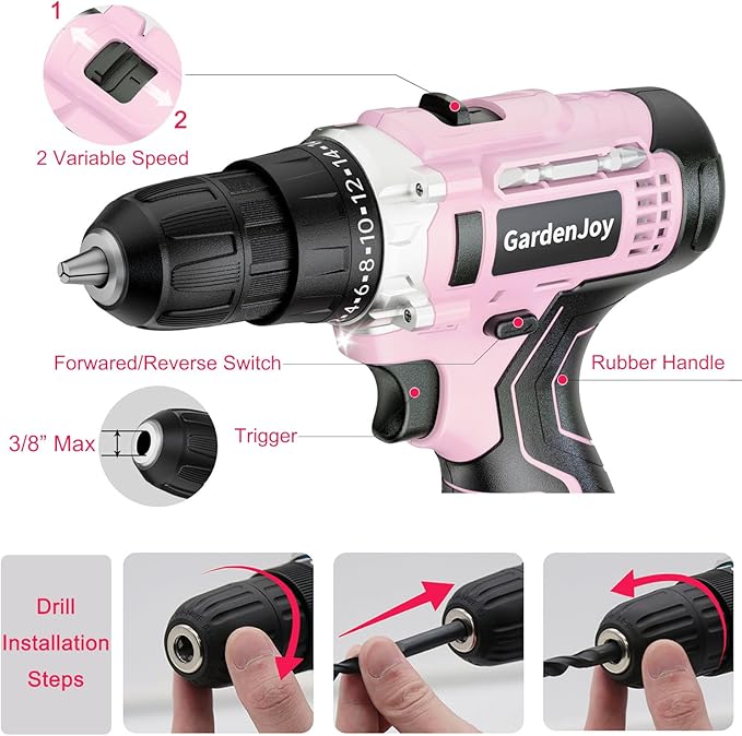 GardenJoy Cordless Power Drill Set: 12V Electric Drill with Battery and Charger, 65pcs Acessories, 3/8"Keyless Chuck, 2 Variable Speed, 24+1 Position, Compact Drill Driver Kit for Home & DIY Project