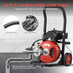 Drain Cleaning Machine 75Ft 1/2 Inch Cable, 450W Auto Feed Portable Electric Sewer Snake, Electric Drain Auger with 6 Cutter Air-Activated Foot Switch for 2" to 4" Pipes