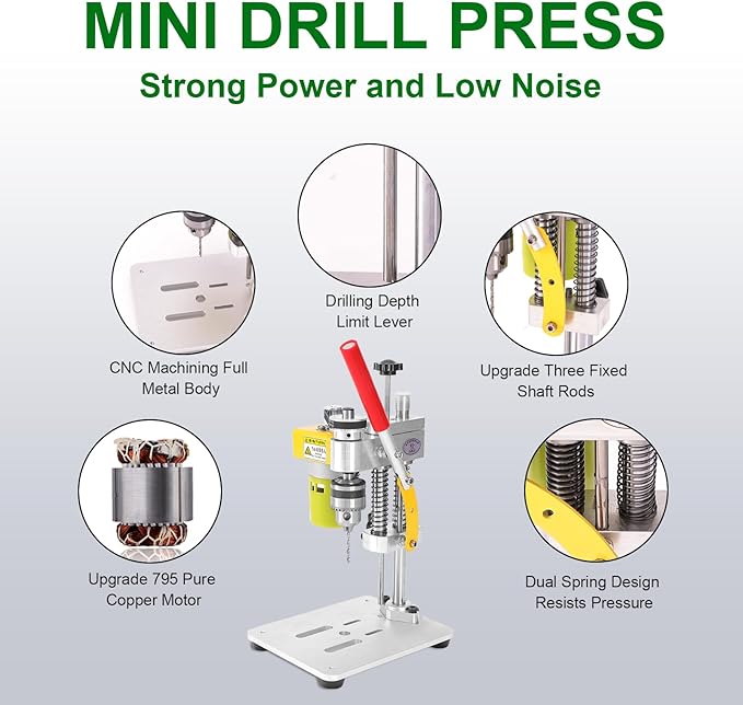 Mini Bench Drill Press, LAKIX Small Benchtop Drill Press High Precison, Low Noise, Compact Size Desktop Drilling Machine, 7-Speed B10 Chuck for Handicraft, DIY Jewelry Making, Metal Wood Working