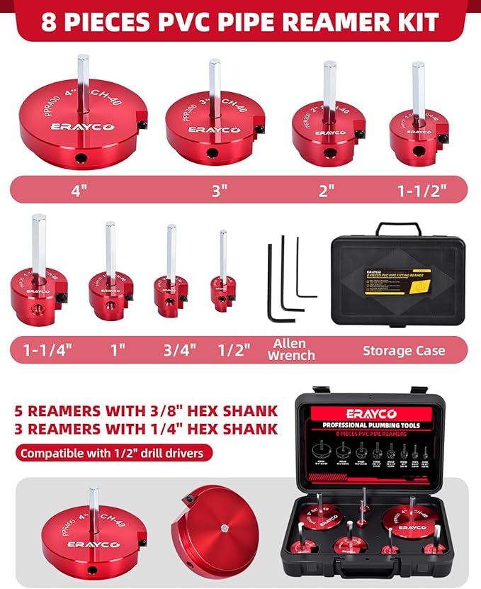 ERAYCO 8PCS PVC Pipe Reamer Kit, Plastic Pipe Fitting Reamer Tool, Fit into Standard 1/2" Drills, PVC Fitting Saver for SCH40 PVC CPVC ABS Pipe (1/2'', 3/4'', 1'', 1-1/2'', 1-1/4'', 2'', 3'', 4'')