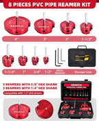 ERAYCO 8PCS PVC Pipe Reamer Kit, Plastic Pipe Fitting Reamer Tool, Fit into Standard 1/2" Drills, PVC Fitting Saver for SCH40 PVC CPVC ABS Pipe (1/2'', 3/4'', 1'', 1-1/2'', 1-1/4'', 2'', 3'', 4'')