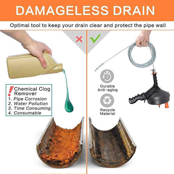 BACOENG 25Ft Drain Auger, Heavy Duty Plumbing Snake with Drill Adapter, Use Manually or Powered for Drain Clog, Shower Sink, Comes with Gloves and Bag (Orange)