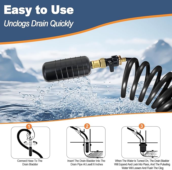 Drain Cleaning Bladder Kit, Including 3 Sizes Rubber Bladders, 10 Ft Retractable Hose, Brass Faucet Adapter & Shut-Off Valve, Durable Drain King Style Tool for Pipe & Sewer Unclogging (6 pcs)