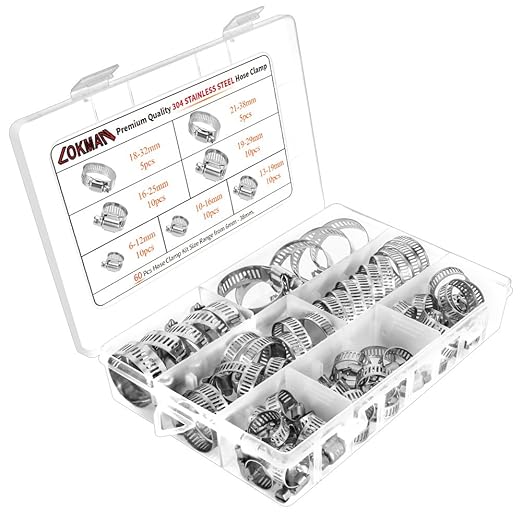 LOKMAN Stainless Steel Hose Clamp Assortment Kit- 60 Pieces, Adjustable 1/4''- 1-1/2'' (6-38mm) Worm Gear Metal Fuel Line Clamp for Plumbing, Automotive And Mechanical Applications