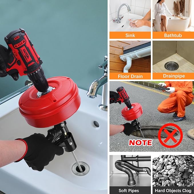 25 FT Plus Double Mode Drain Snake Tools, 13-in-1 Drain Auger for Sink and Drain Unblocking, Plumbing Snake for Kitchen, Bathrom and Shower Sink, Snake for Real DYIs[Upgraded 4.0]