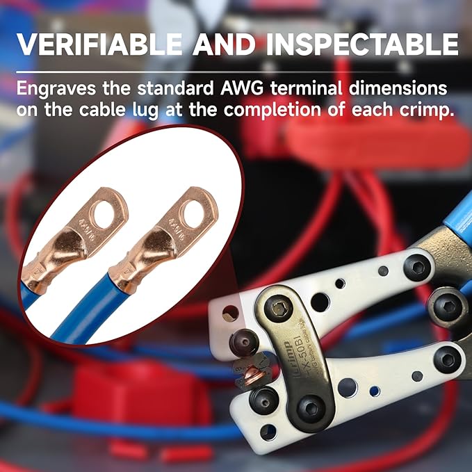 iCrimp Battery Cable Lug Crimping Tool Kit For Copper Lugs Awg 8-1/0,Battery Cable Crimper with Stripper 24pcs Copper Battery Lugs and 10pcs Heat Shrink Tubes, Include Wire Cutter